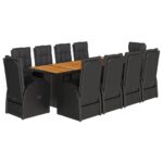 11-Piece Garden Dining Set with Cushions Black Poly Rattan Wicker Outdoor Patio Furniture