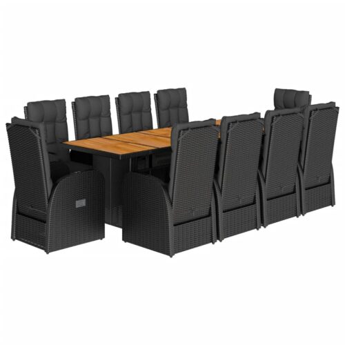 11-Piece Garden Dining Set with Cushions Black Poly Rattan Wicker Outdoor Patio Furniture