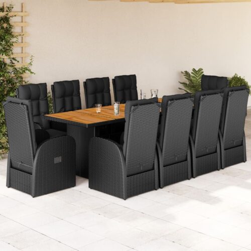 11-Piece Garden Dining Set with Cushions Black Poly Rattan Wicker Outdoor Patio Furniture - Image 2