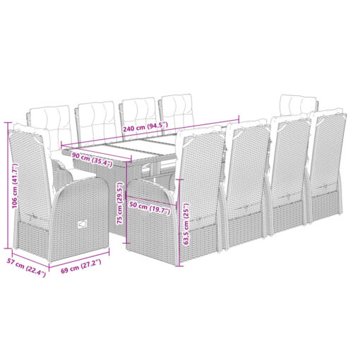 11-Piece Garden Dining Set with Cushions Black Poly Rattan Wicker Outdoor Patio Furniture - Image 8