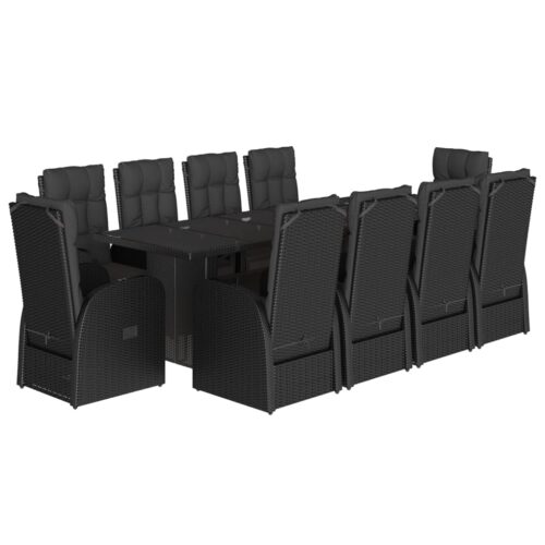 11-Piece Garden Dining Set with Cushions Black Poly Rattan Wicker Outdoor Patio Furniture