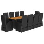 11-Piece Garden Dining Set with Cushions Black Poly Rattan Wicker Outdoor Patio Furniture