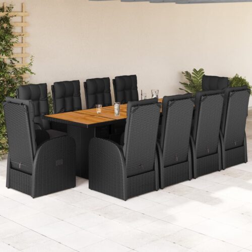 11-Piece Garden Dining Set with Cushions Black Poly Rattan Wicker Outdoor Patio Furniture - Image 2