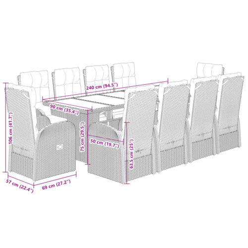 11-Piece Garden Dining Set with Cushions Black Poly Rattan Wicker Outdoor Patio Furniture - Image 7