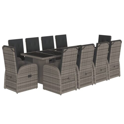 11-Piece Garden Dining Set with Cushions Grey Poly Rattan Wicker Outdoor Patio Furniture