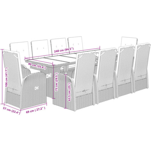 11-Piece Garden Dining Set with Cushions Grey Poly Rattan Wicker Outdoor Patio Furniture - Image 7