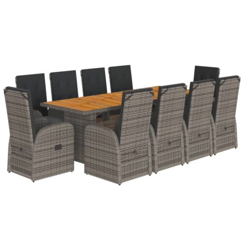 11-Piece Garden Dining Set with Cushions Grey Poly Rattan Wicker Outdoor Patio Furniture - Image 11