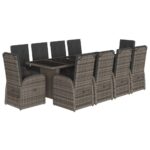 11-Piece Garden Dining Set with Cushions Grey Poly Rattan Wicker Outdoor Patio Furniture