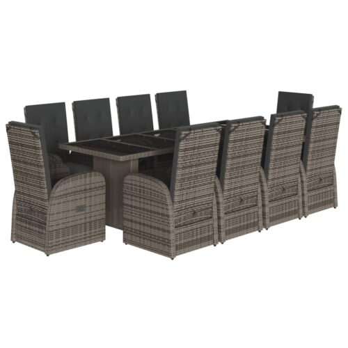11-Piece Garden Dining Set with Cushions Grey Poly Rattan Wicker Outdoor Patio Furniture