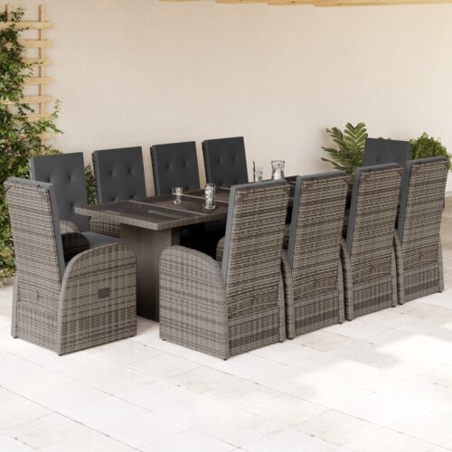 11-Piece Garden Dining Set with Cushions Grey Poly Rattan Wicker Outdoor Patio Furniture - Image 2
