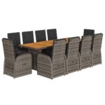 11-Piece Garden Dining Set with Cushions Grey Poly Rattan Wicker Outdoor Patio Furniture