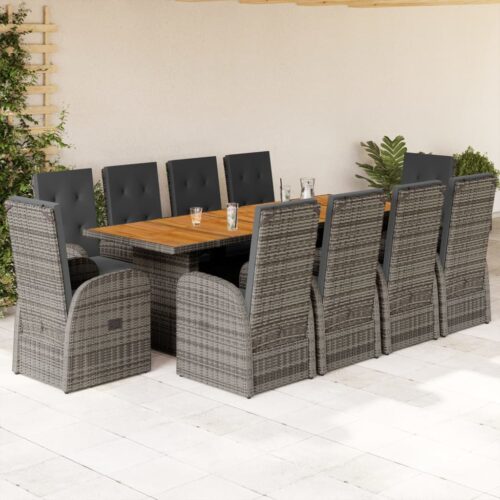 11-Piece Garden Dining Set with Cushions Grey Poly Rattan Wicker Outdoor Patio Furniture - Image 2