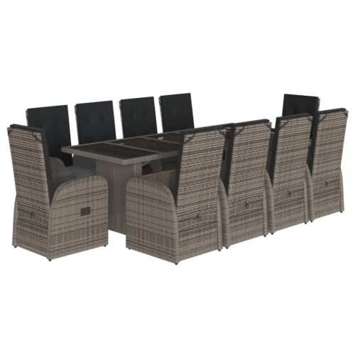 11-Piece Garden Dining Set with Cushions Grey Poly Rattan Wicker Outdoor Patio Furniture