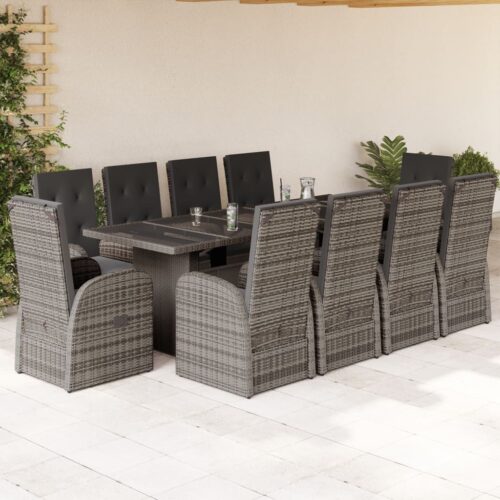 11-Piece Garden Dining Set with Cushions Grey Poly Rattan Wicker Outdoor Patio Furniture - Image 2