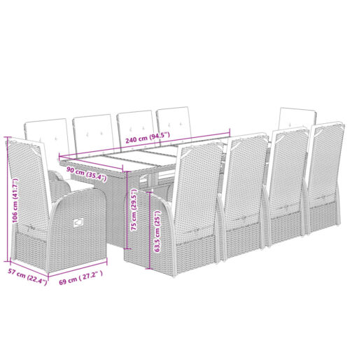 11-Piece Garden Dining Set with Cushions Grey Poly Rattan Wicker Outdoor Patio Furniture - Image 7