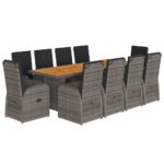 11-Piece Garden Dining Set with Cushions Grey Poly Rattan Wicker Outdoor Patio Furniture