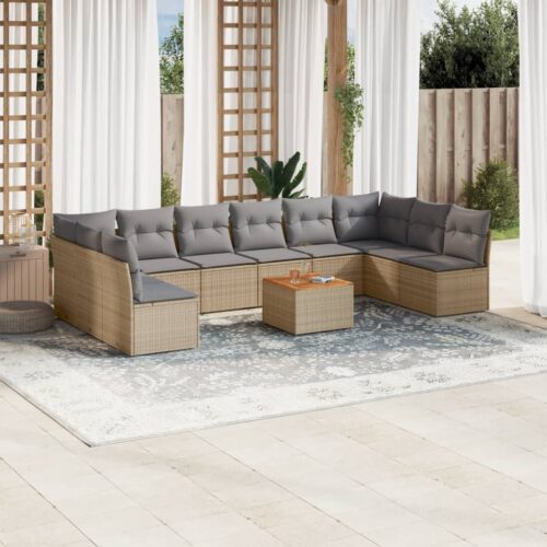 11-Piece Garden Sofa Set with Cushions Beige Poly Rattan Wicker Outdoor Patio Furniture - Image 2