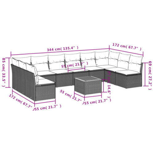 11-Piece Garden Sofa Set with Cushions Beige Poly Rattan Wicker Outdoor Patio Furniture - Image 3