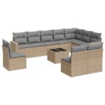 11-Piece Outdoor Sofa Set Garden Patio Wicker Rattan Lounge Beige Grey Cushions