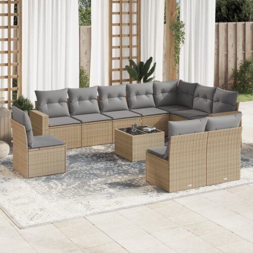 11-Piece Outdoor Sofa Set Garden Patio Wicker Rattan Lounge Beige Grey Cushions - Image 2