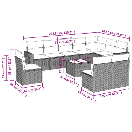 11-Piece Outdoor Sofa Set Garden Patio Wicker Rattan Lounge Beige Grey Cushions - Image 3
