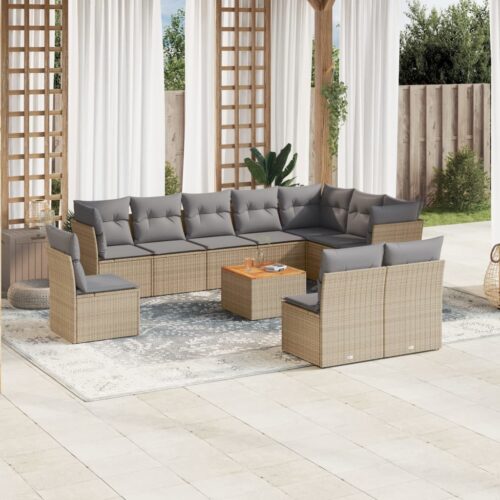 11-Piece Garden Sofa Set with Cushions Beige Poly Rattan Wicker Outdoor Patio Furniture - Image 2
