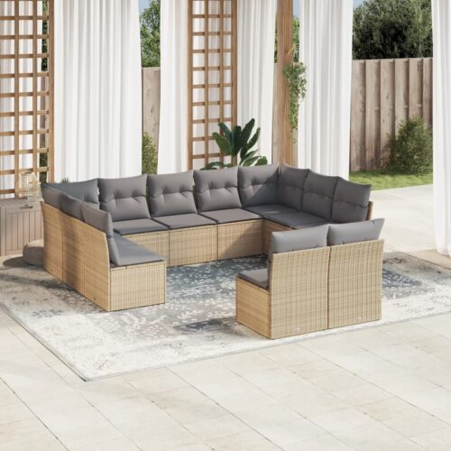 11-Piece Garden Sofa Set with Cushions Beige Poly Rattan Wicker Outdoor Patio Furniture - Image 2
