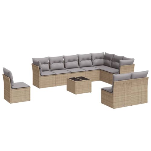 11-Piece Outdoor Sofa Set Garden Patio Wicker Rattan Lounge Beige Grey Cushions