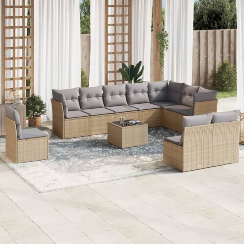 11-Piece Outdoor Sofa Set Garden Patio Wicker Rattan Lounge Beige Grey Cushions - Image 2