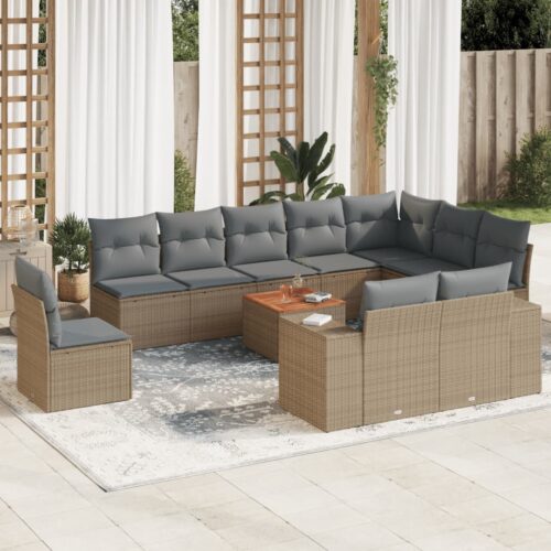 11-Piece Garden Sofa Set with Cushions Beige Poly Rattan Wicker Outdoor Patio Furniture - Image 2