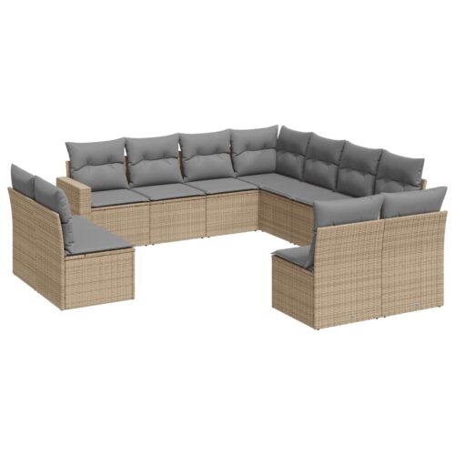 11-Piece Garden Sofa Set with Cushions Beige Poly Rattan Wicker Outdoor Patio Furniture