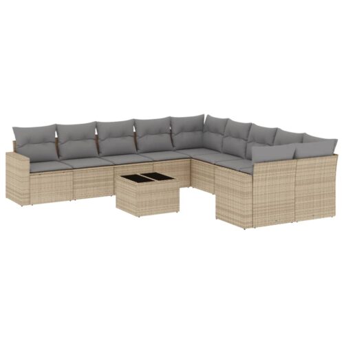 11-Piece Garden Sofa Set with Cushions Beige Poly Rattan Wicker Outdoor Patio Furniture