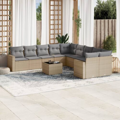 11-Piece Garden Sofa Set with Cushions Beige Poly Rattan Wicker Outdoor Patio Furniture - Image 2