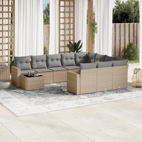 11-Piece Garden Sofa Set with Cushions Beige Poly Rattan Wicker Outdoor Patio Furniture - Image 2