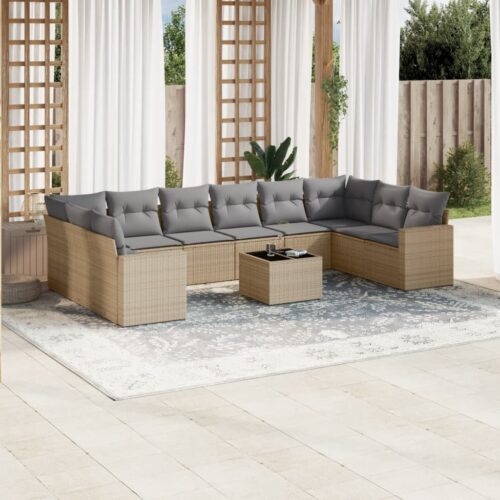11-Piece Garden Sofa Set with Cushions Beige Poly Rattan Wicker Outdoor Patio Furniture - Image 13