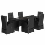 7-Piece Garden Dining Set with Cushions Black Poly Rattan Wicker Outdoor Patio Furniture