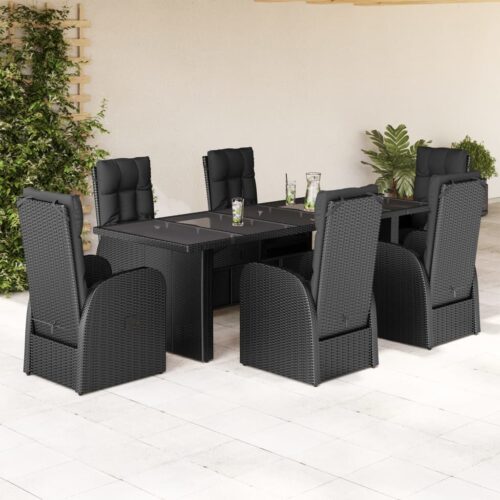 7-Piece Garden Dining Set with Cushions Black Poly Rattan Wicker Outdoor Patio Furniture - Image 2