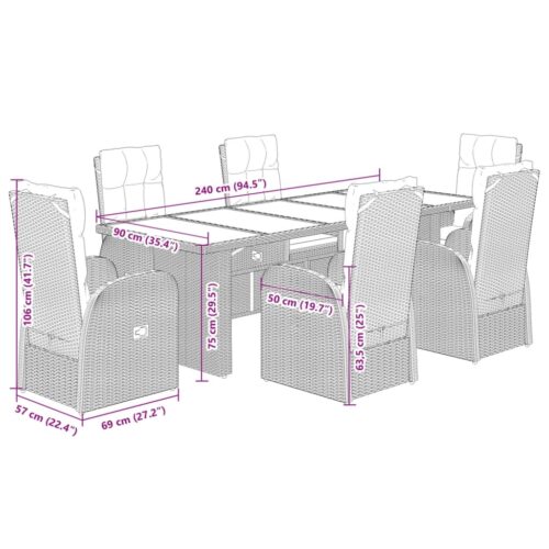 7-Piece Garden Dining Set with Cushions Black Poly Rattan Wicker Outdoor Patio Furniture - Image 7