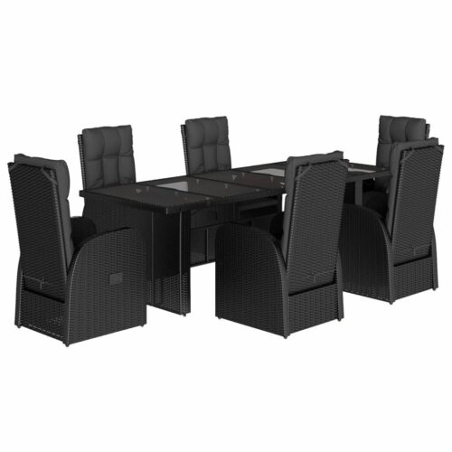 7-Piece Garden Dining Set with Cushions Black Poly Rattan Wicker Outdoor Patio Furniture - Image 11