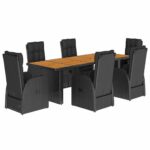 7-Piece Garden Dining Set with Cushions Black Poly Rattan Wicker Outdoor Patio Furniture
