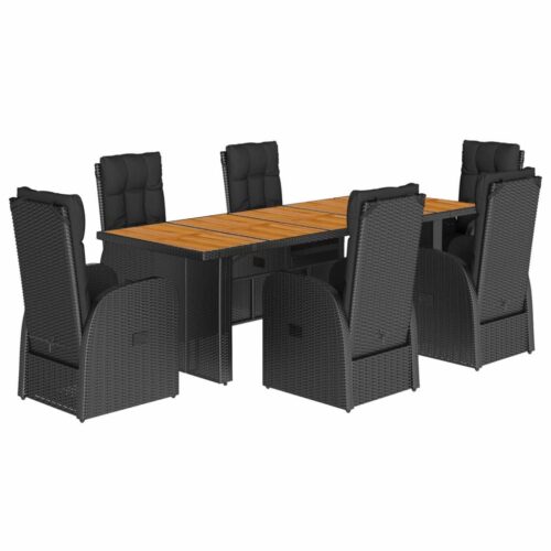 7-Piece Garden Dining Set with Cushions Black Poly Rattan Wicker Outdoor Patio Furniture
