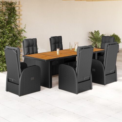 7-Piece Garden Dining Set with Cushions Black Poly Rattan Wicker Outdoor Patio Furniture - Image 2