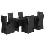 7-Piece Garden Dining Set with Cushions Black Poly Rattan Wicker Outdoor Patio Furniture