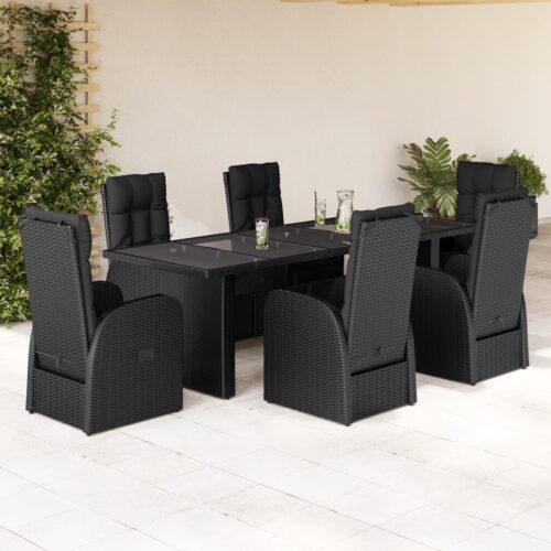 7-Piece Garden Dining Set with Cushions Black Poly Rattan Wicker Outdoor Patio Furniture - Image 2