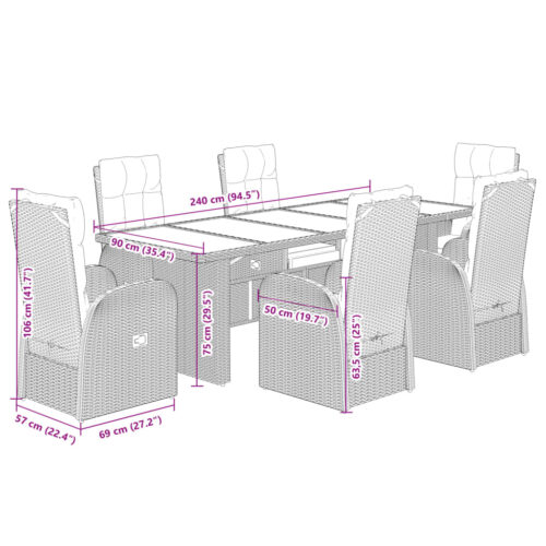 7-Piece Garden Dining Set with Cushions Black Poly Rattan Wicker Outdoor Patio Furniture - Image 7