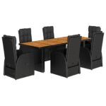 7-Piece Garden Dining Set with Cushions Black Poly Rattan Wicker Outdoor Patio Furniture