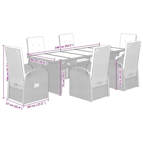 7-Piece Garden Dining Set with Cushions Grey Poly Rattan Wicker Outdoor Patio Furniture - Image 7