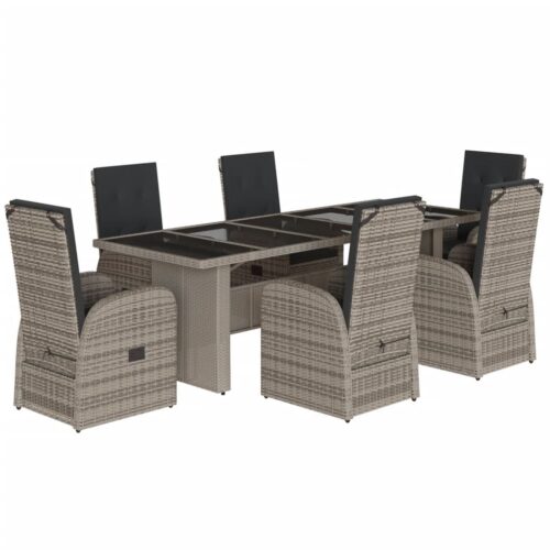 7-Piece Garden Dining Set with Cushions Grey Poly Rattan Wicker Outdoor Patio Furniture - Image 11