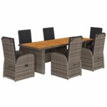 7-Piece Garden Dining Set with Cushions Grey Poly Rattan Wicker Outdoor Patio Furniture