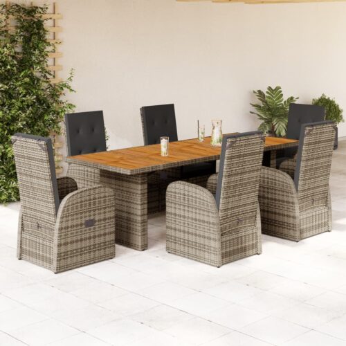 7-Piece Garden Dining Set with Cushions Grey Poly Rattan Wicker Outdoor Patio Furniture - Image 2